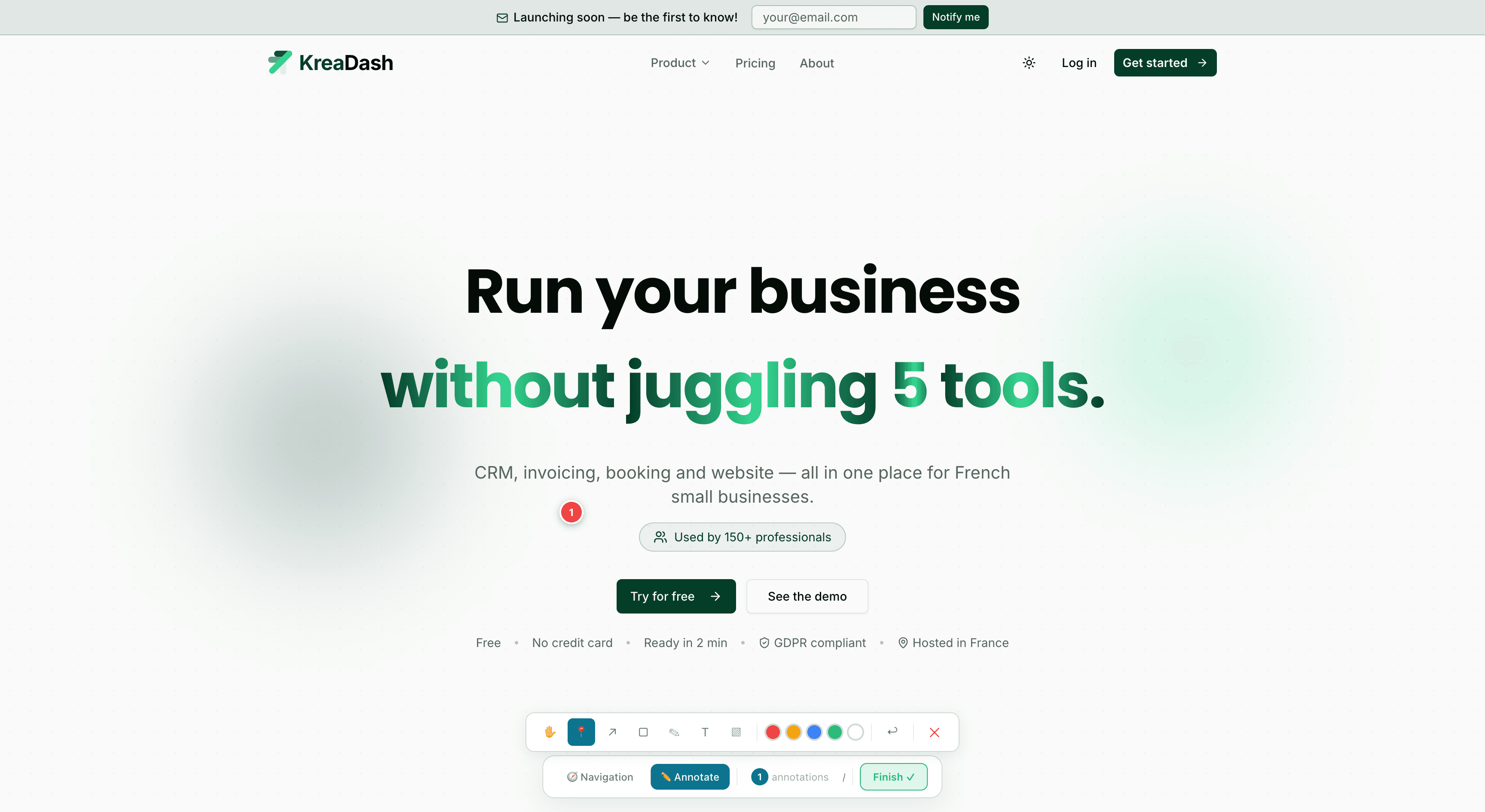 Reviewer annotation toolbar — pin, arrow, rectangle, draw, text, blur tools